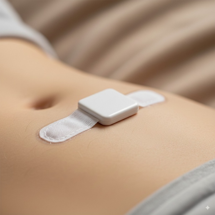 NouiLife® discreet wearable sensor with stretchable electrode patches applied to the lower abdomen.