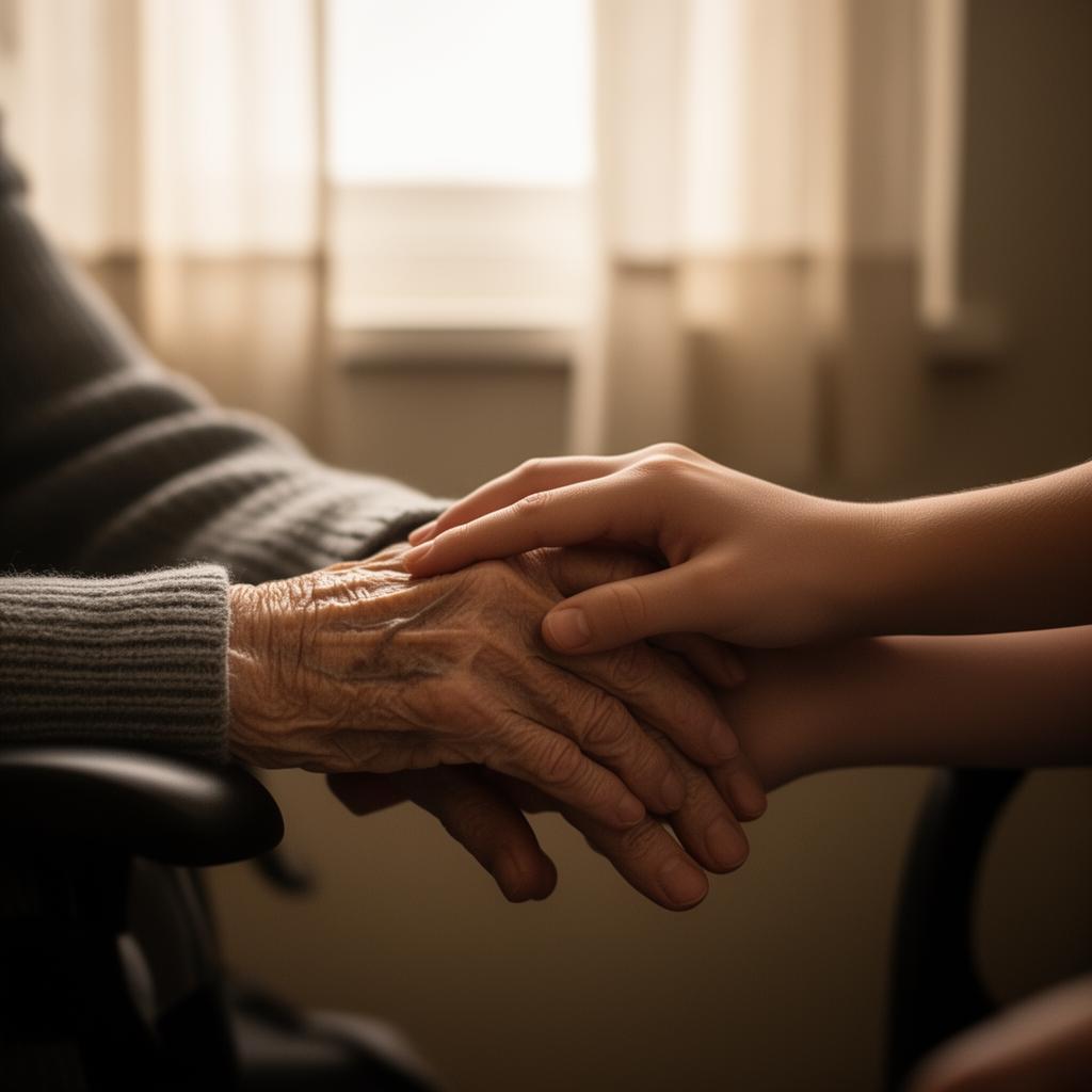 A carer's hand resting gently on an elderly patient's hand.