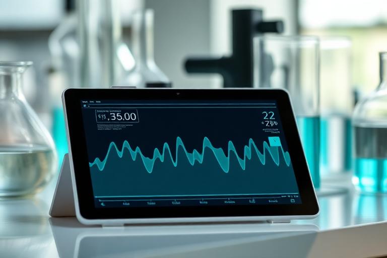 Pharmaceutical research tablet showing health signal waveforms.